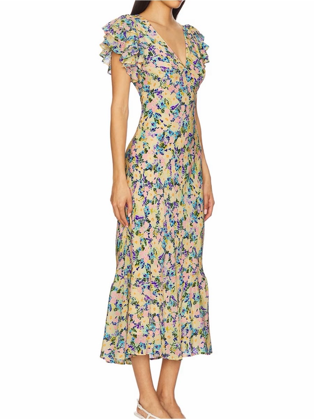 ASTR Floral Ruffle-Sleeve Maxi Yellow Dress